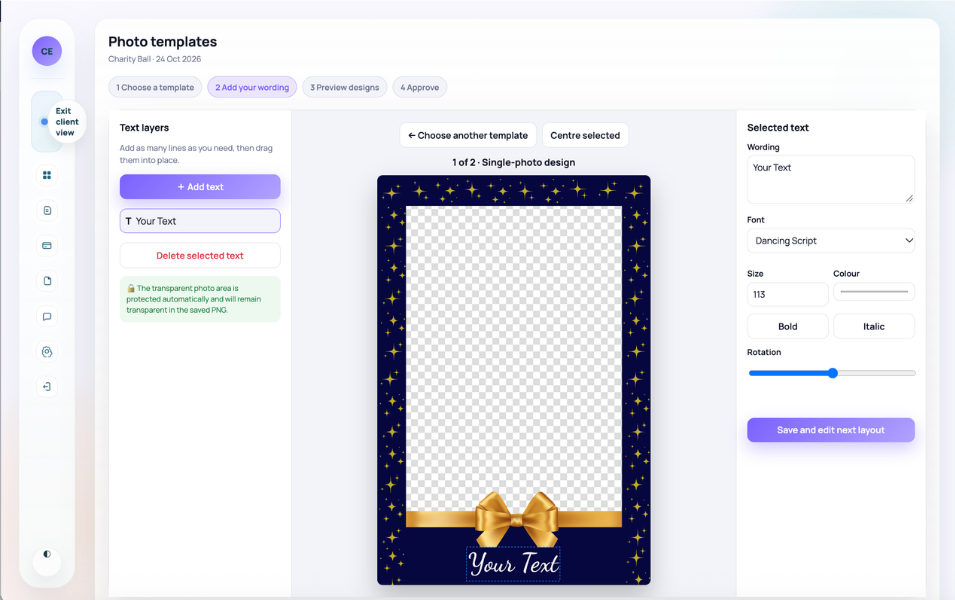 Planellio native photo booth WYSIWYG editor showing draggable text layers, fonts, sizing, colours, styling and rotation controls